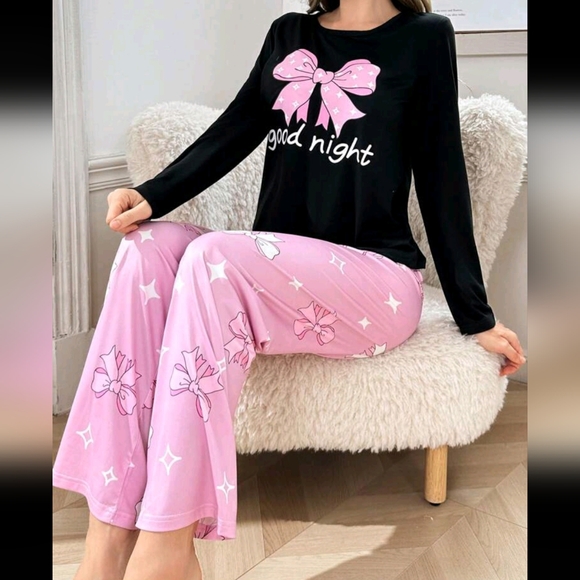 Other - Bow Print Round Neck Long Sleeve Pajama Set For Women
